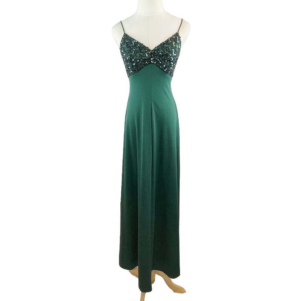 Vintage 70's Sequin Bodice Emerald Green Maxi Dress